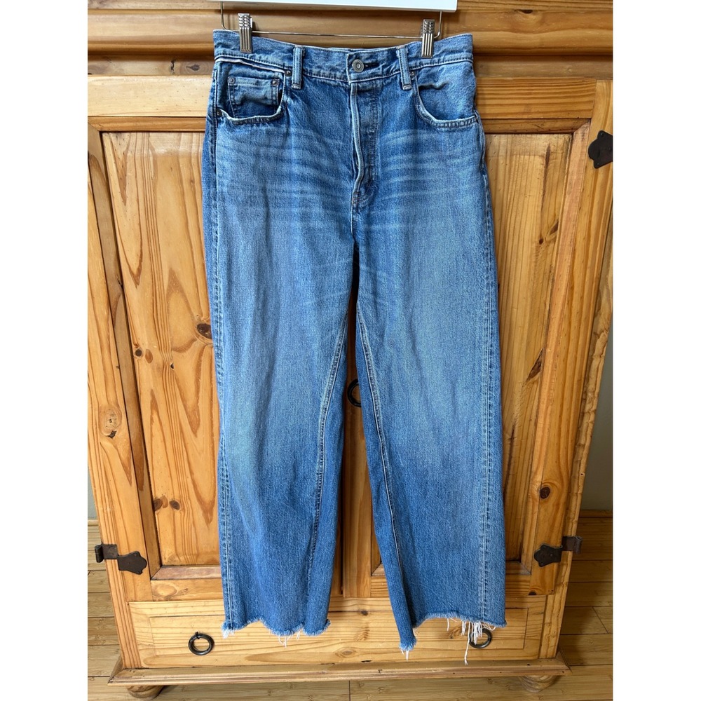 Moussy Vintage Blue High Waist Wide Leg Jeans Raw Hem Size 29 Women's